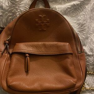 Tory Burch Thea Mini Backpack in cognac pebbled leather